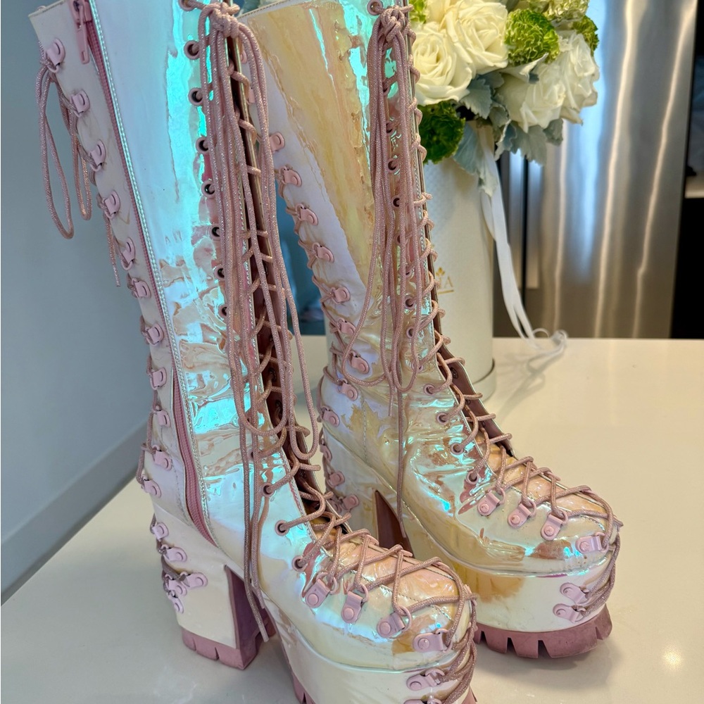 Dolls Kill Iridescent Pink Lace-Up Boots